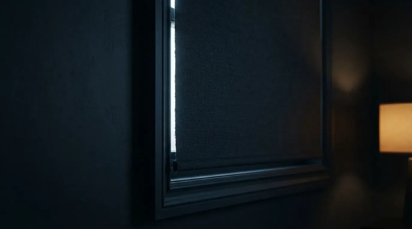 Abgedunkeltes Schlafzimmer am Vormittag mit einem schmalen, hellen Lichtstreifen am Fensterrand und einer warmen Nachttischlampe.