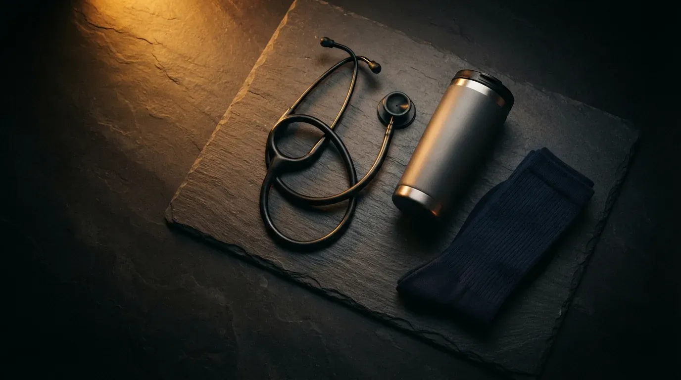 Dunkle Flatlay mit Stethoskop, Thermobecher und Kompressionssocken als kleine Geschenkauswahl im warmen Licht.
