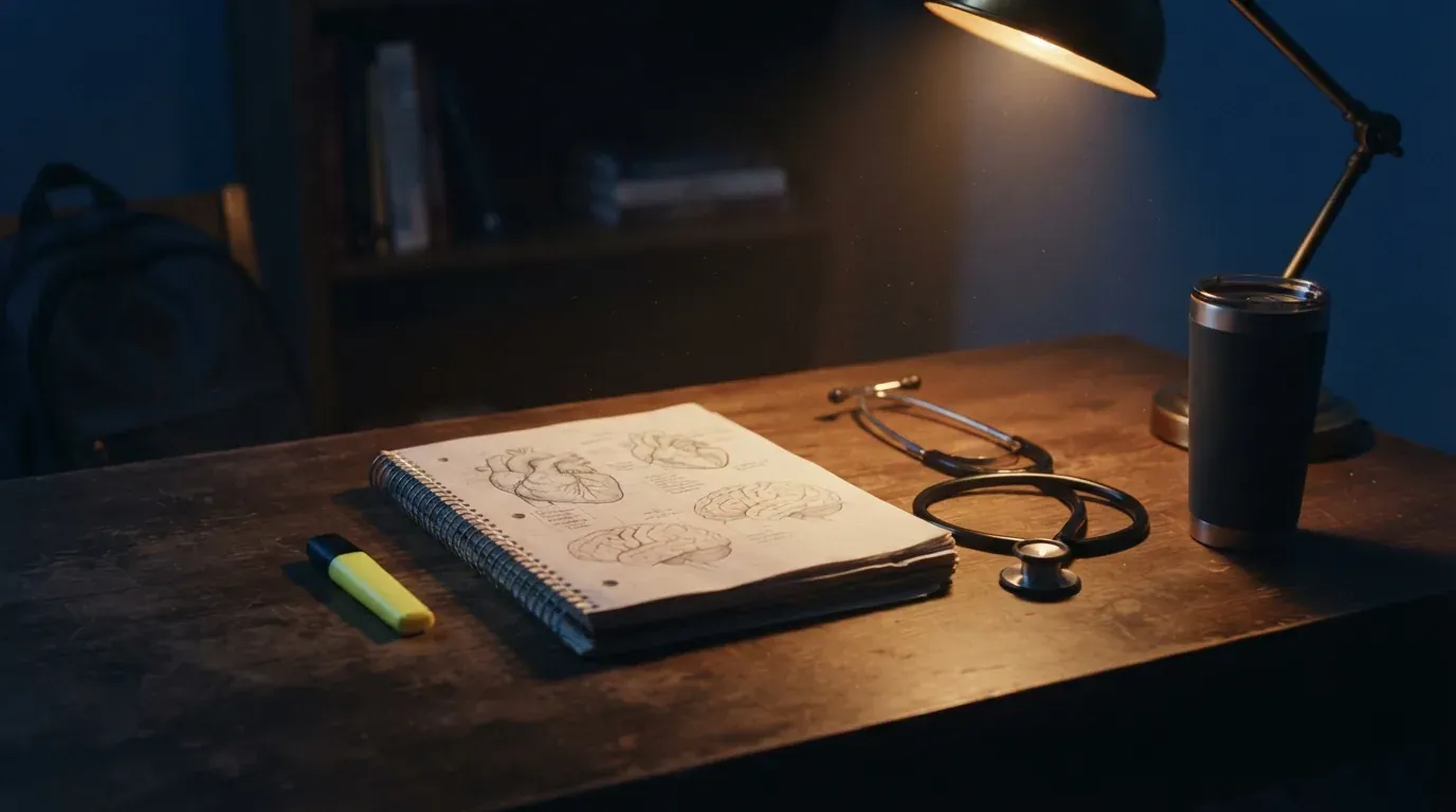 Schreibtisch eines Medizinstudenten bei Nacht mit Notizbuch, Stethoskop und Kaffeebecher im warmen Lampenlicht.