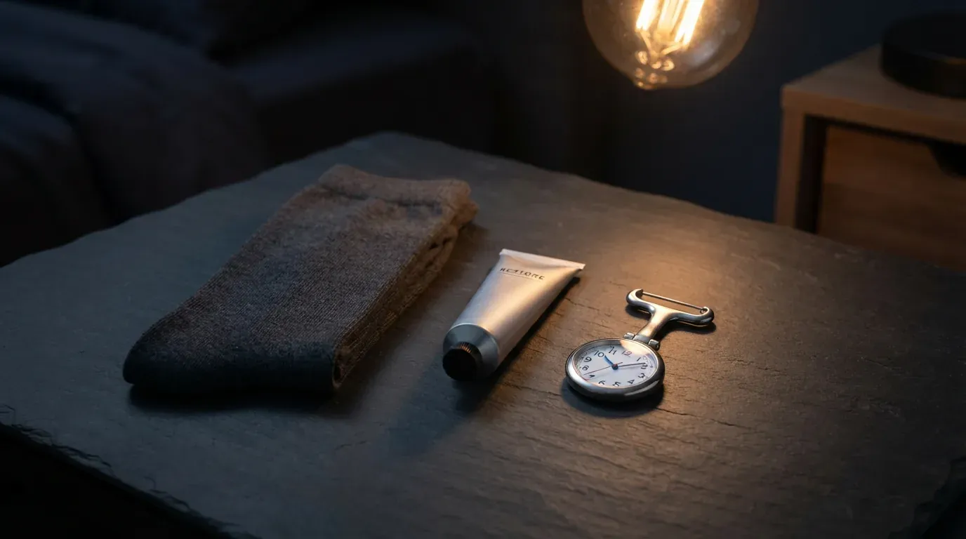 Nächtliches Stillleben mit zusammengelegten Kompressionssocken, Handcreme und einer Schwesternuhr im warmen Licht.