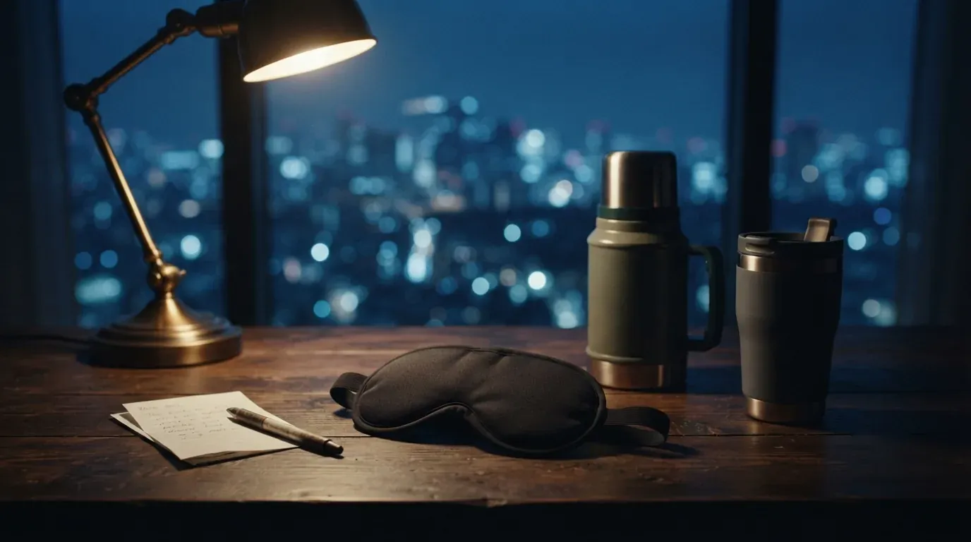 Ausrüstung für die Nachtschicht im warmen Lampenlicht: Schlafmaske, Thermobehälter und Reisebecher auf dunklem Tisch.