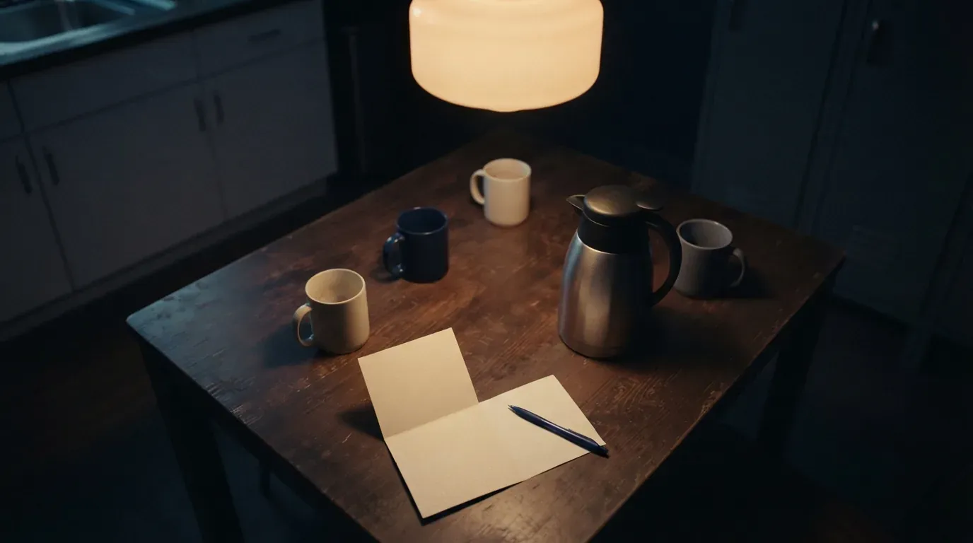 Abgedunkelter Pausenraum bei Nacht mit warmer Pendelleuchte, Kaffeekanne und einer Grußkarte auf dem Tisch.