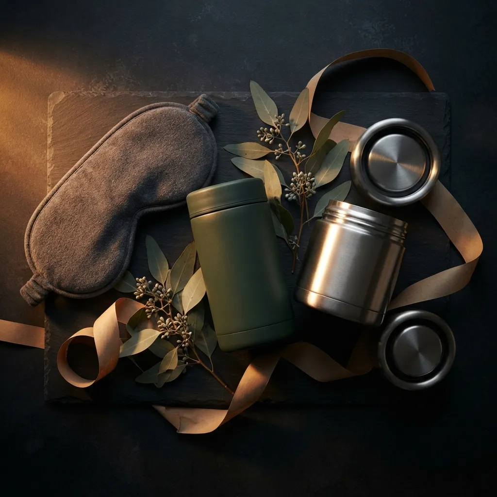 Flatlay mit Schlafmaske, mattem Thermobecher und Thermobehälter als Geschenkideen auf dunklem Untergrund.
