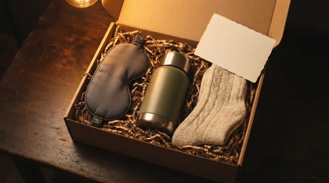 Offene Geschenkbox mit Schlafmaske, Thermoflasche und warmen Socken, bereit zum Verschenken, im warmen Licht.