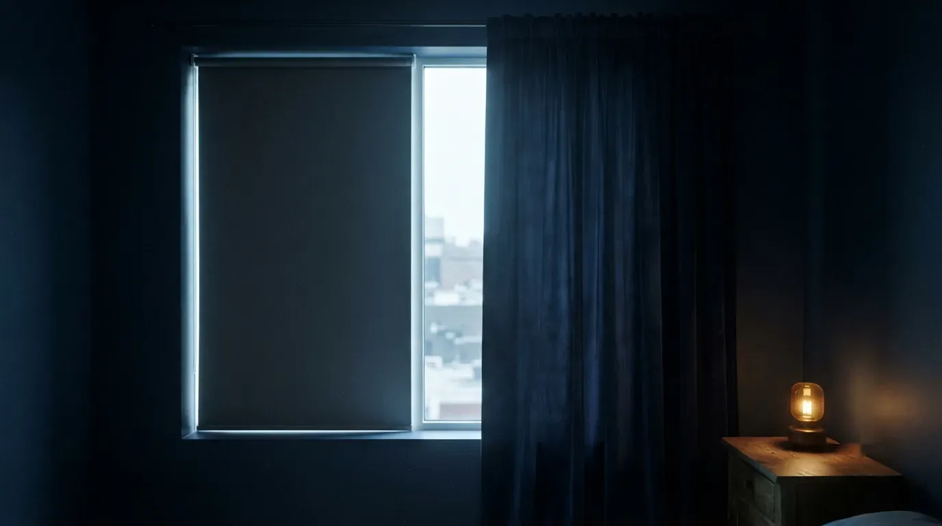 Ein Fenster, halb von einem Verdunkelungsrollo, halb von einem schweren Vorhang bedeckt, der Lichteinfall im direkten Vergleich.