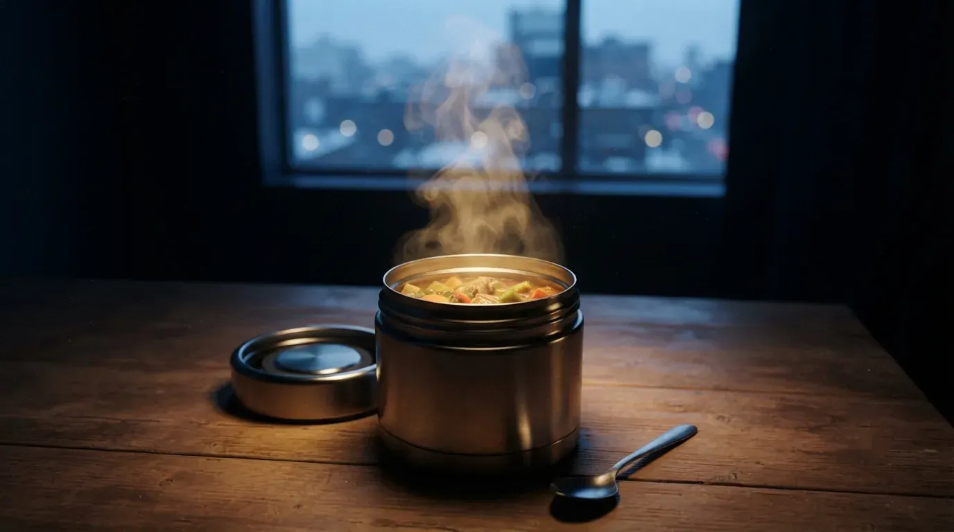 Geöffneter Edelstahl-Thermobehälter mit aufsteigendem Dampf auf einem dunklen Tisch in einem nächtlichen Pausenraum.